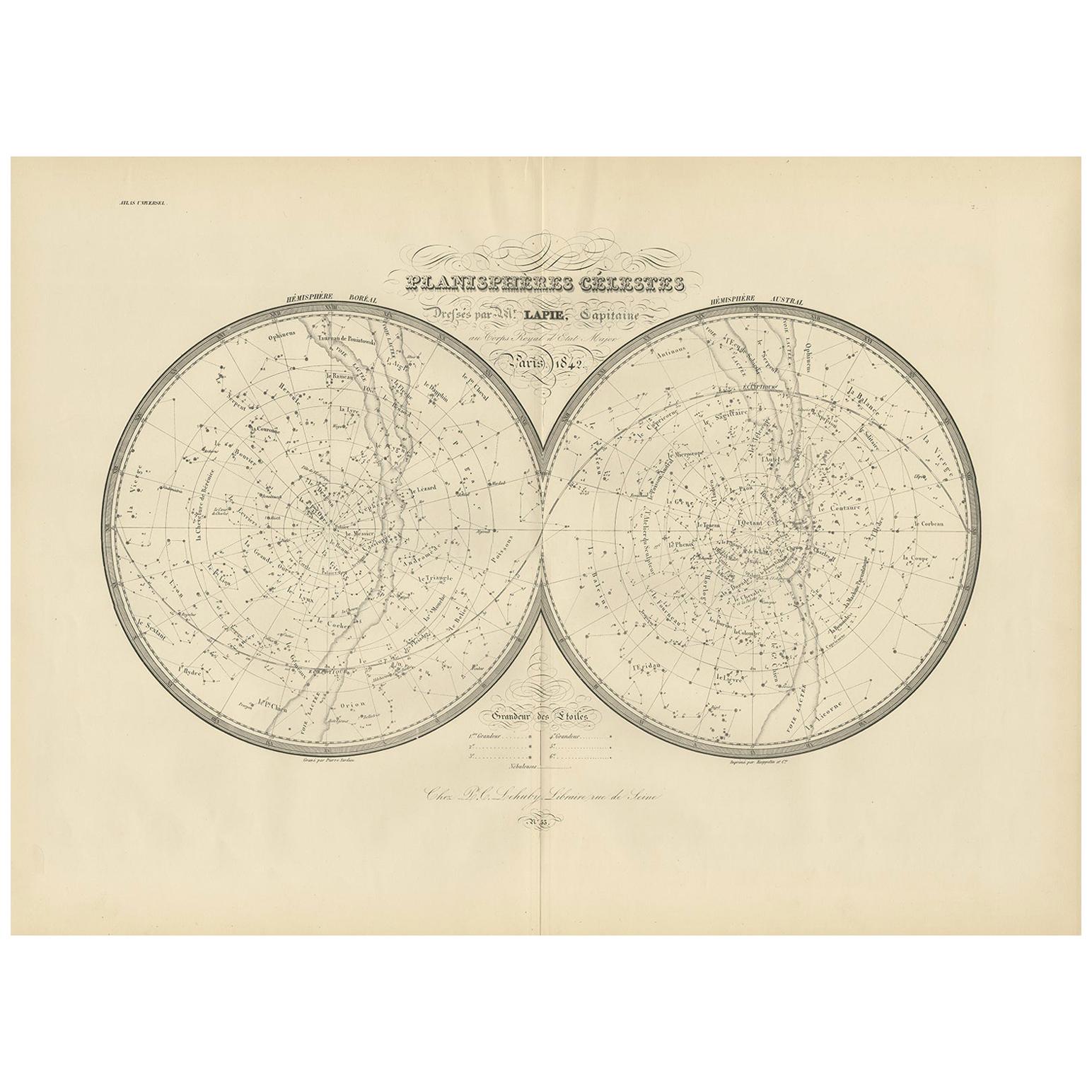Antike Karte der Sterne und Sternbilder von Lapie:: 1842