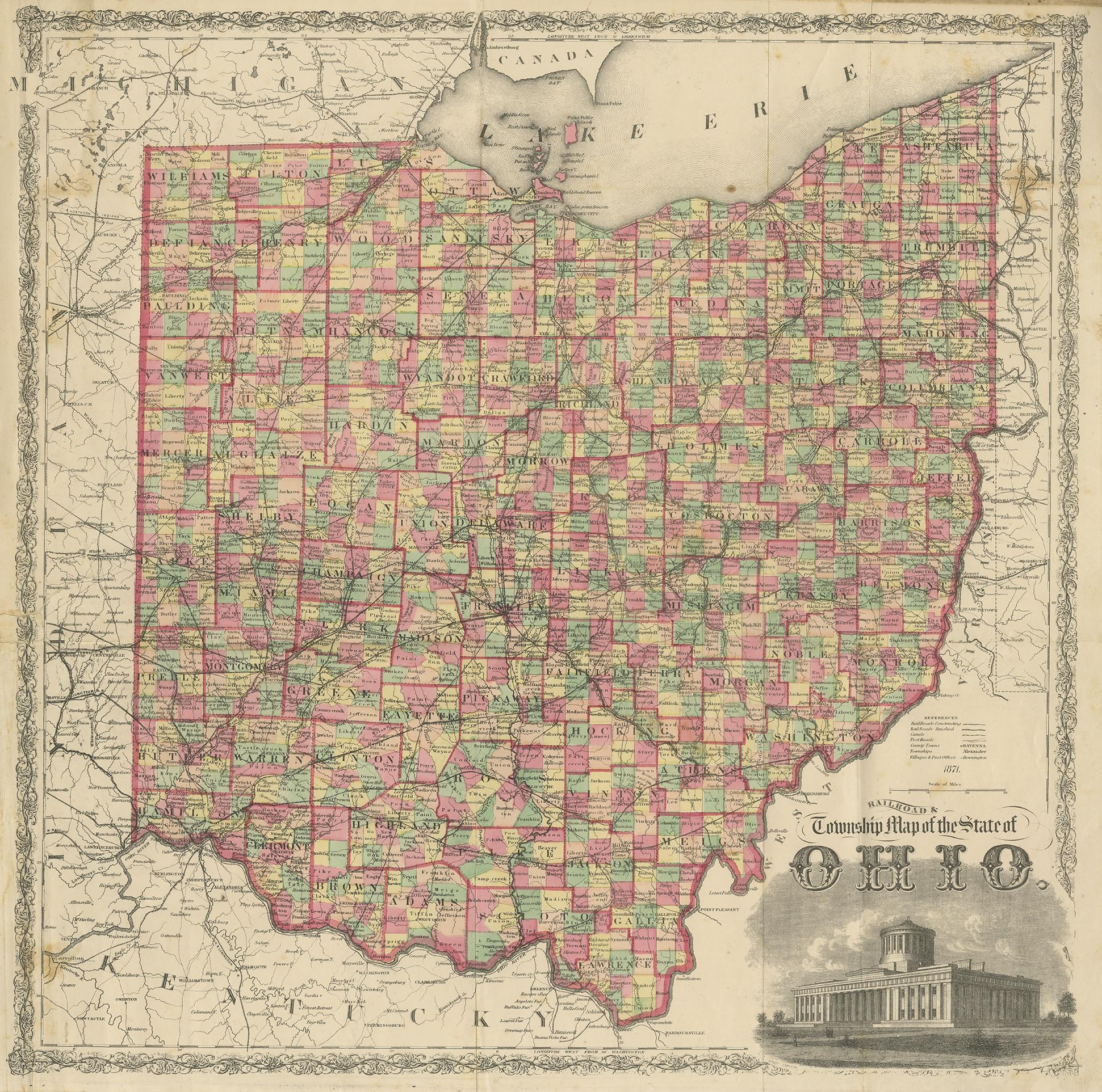 Carta geografica antica intitolata 'Railroad & Township Map of the State of Ohio'. Mappa antica originale dello Stato dell'Ohio. Questa mappa proviene da 