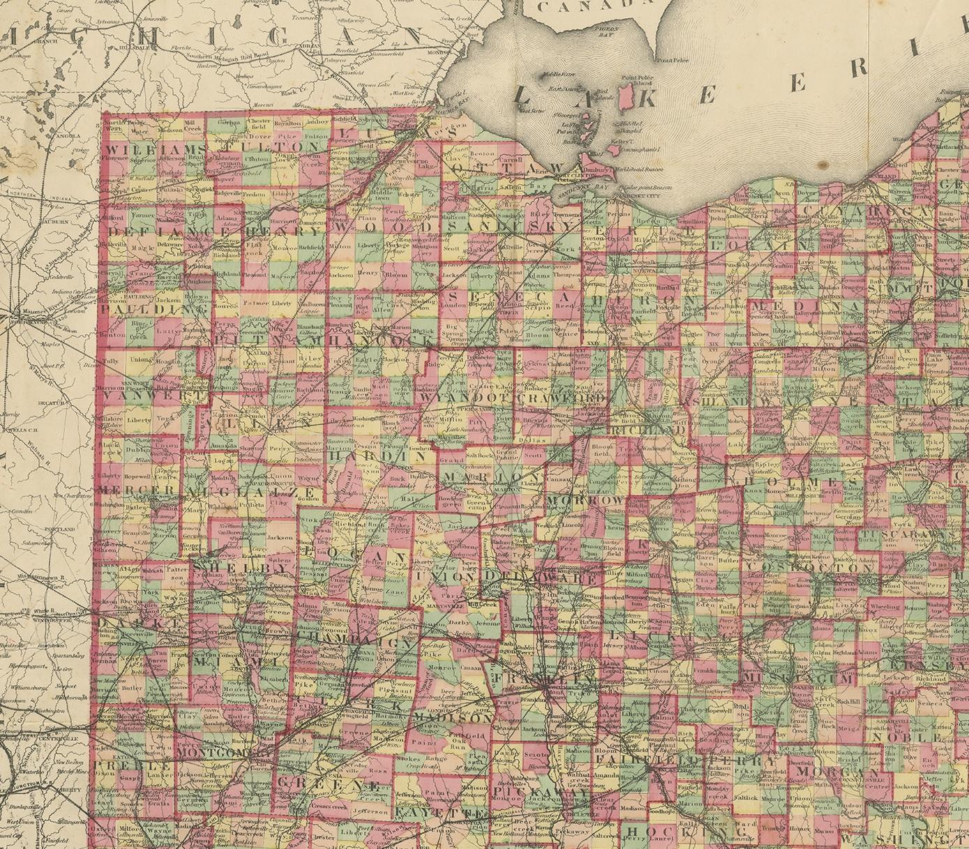 Antike Karte des Bundesstaates Ohio von Titus '1871' im Zustand „Relativ gut“ im Angebot in Langweer, NL
