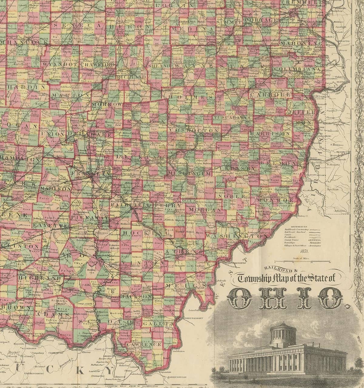 Antique Railroad & Township Map of Ohio by C.O. Titus, Paper, 1871