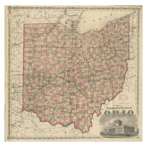 Antique Railroad & Township Map of Ohio by C.O. Titus, Paper, 1871