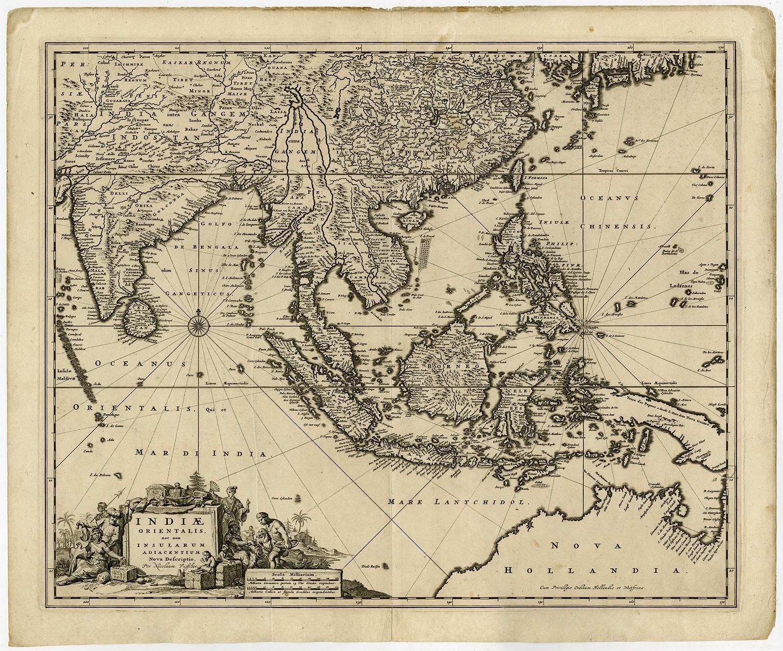 Antike Karte mit dem Titel 'Indiae Orientalis, nec non Insularum Adiacentium Nova Descriptio' 

Karte von Südostasien. Im Mittelpunkt der Karte stehen die Straße von Malakka und die malaiische Halbinsel. Sie erstreckt sich von Indien und den