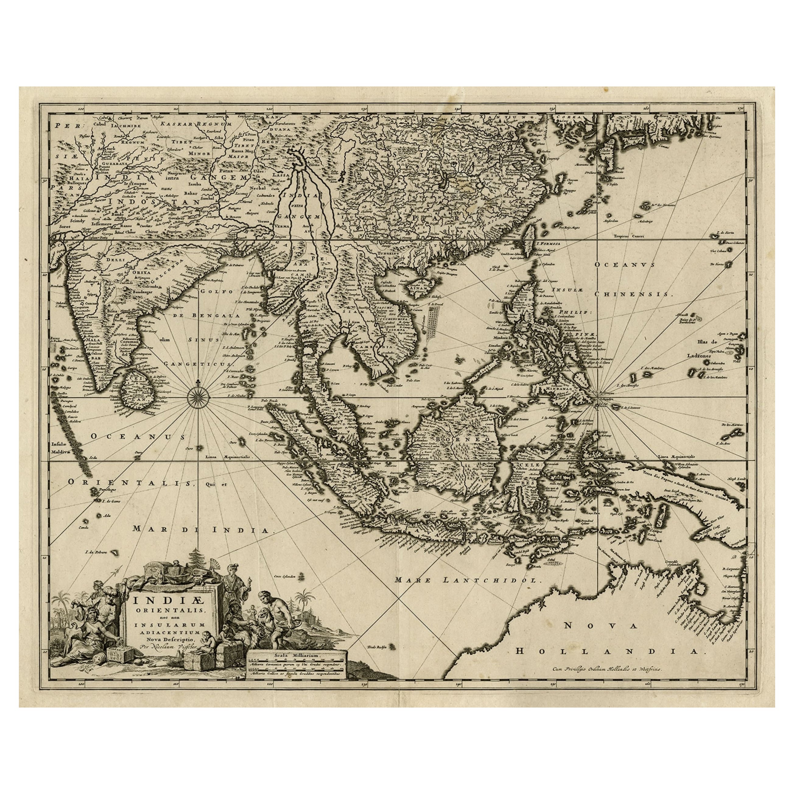 Carte ancienne du fleuve Malacque, de la péninsule de Malaisie et des Indes néerlandaises, vers 1670 en vente