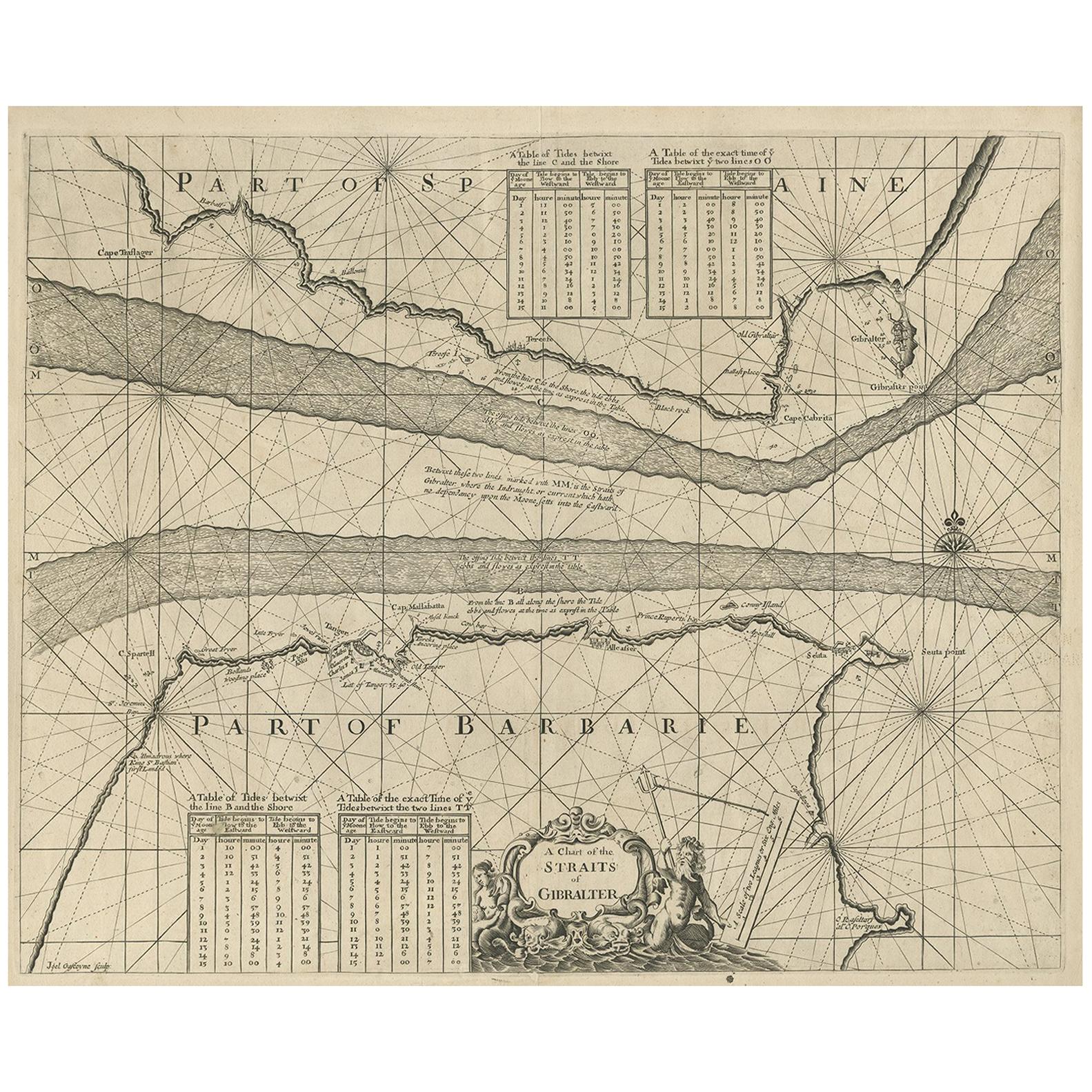 Antique Map of the Straits of Gibraltar by J. Gascoyne, circa 1716