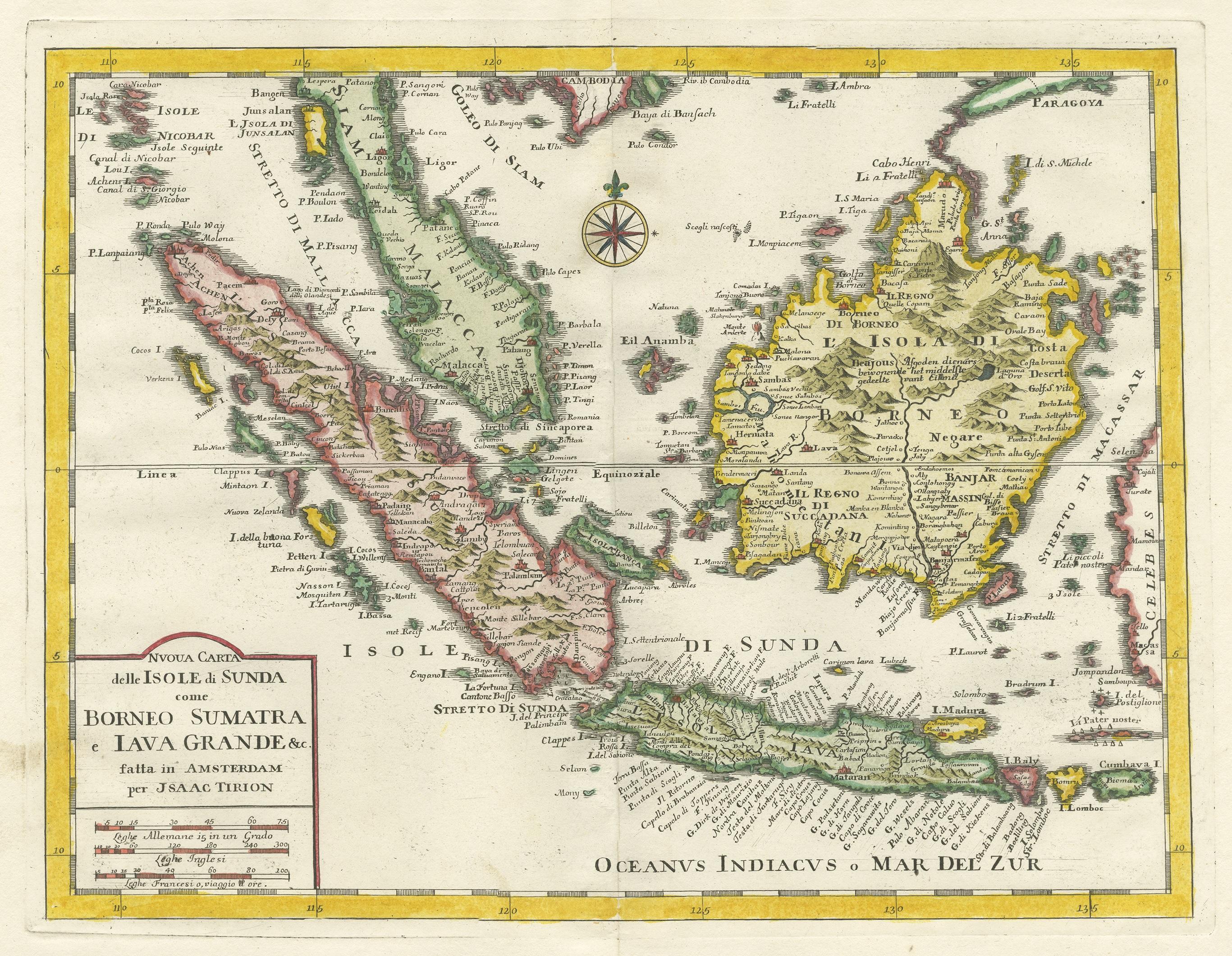 Antique map titled 'Nuova Carta delle Isole di Sunda come Borneo, Sumatra e Iava Grande'. Detailed map of the Sunda Islands, Southeast Asia, extending from the tip of Cambodia to Java. Published by I. Tirion, circa 1760.
