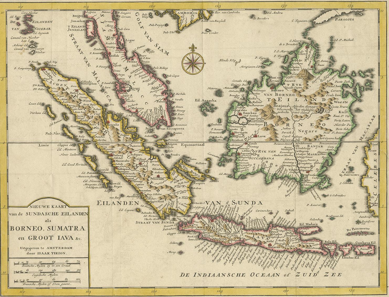 Antique map titled 'Nieuwe kaart van de Sundasche Eilanden als Borneo, Sumatra en Groot Iava & c'. Detailed map of the Sunda Islands, Southeast Asia, extending from the tip of Cambodia to Java. This map originates from: 'Hedendaagsche Historie, of