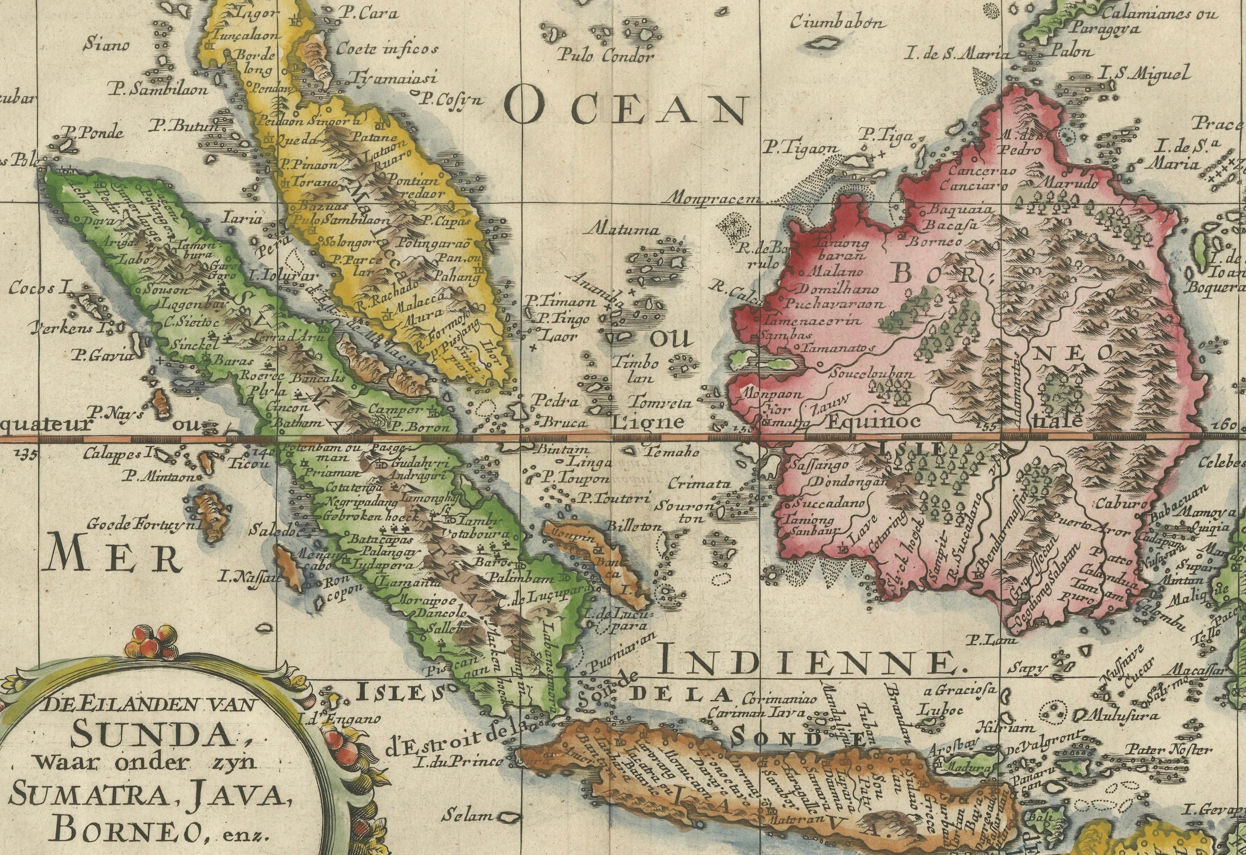 Title: “Antique Map of the Sunda Islands Including Sumatra, Java, and Borneo”

This print is a beautifully detailed and relatively rare map of Western Indonesia, encompassing the region historically known as the Sunda Islands. Created by the