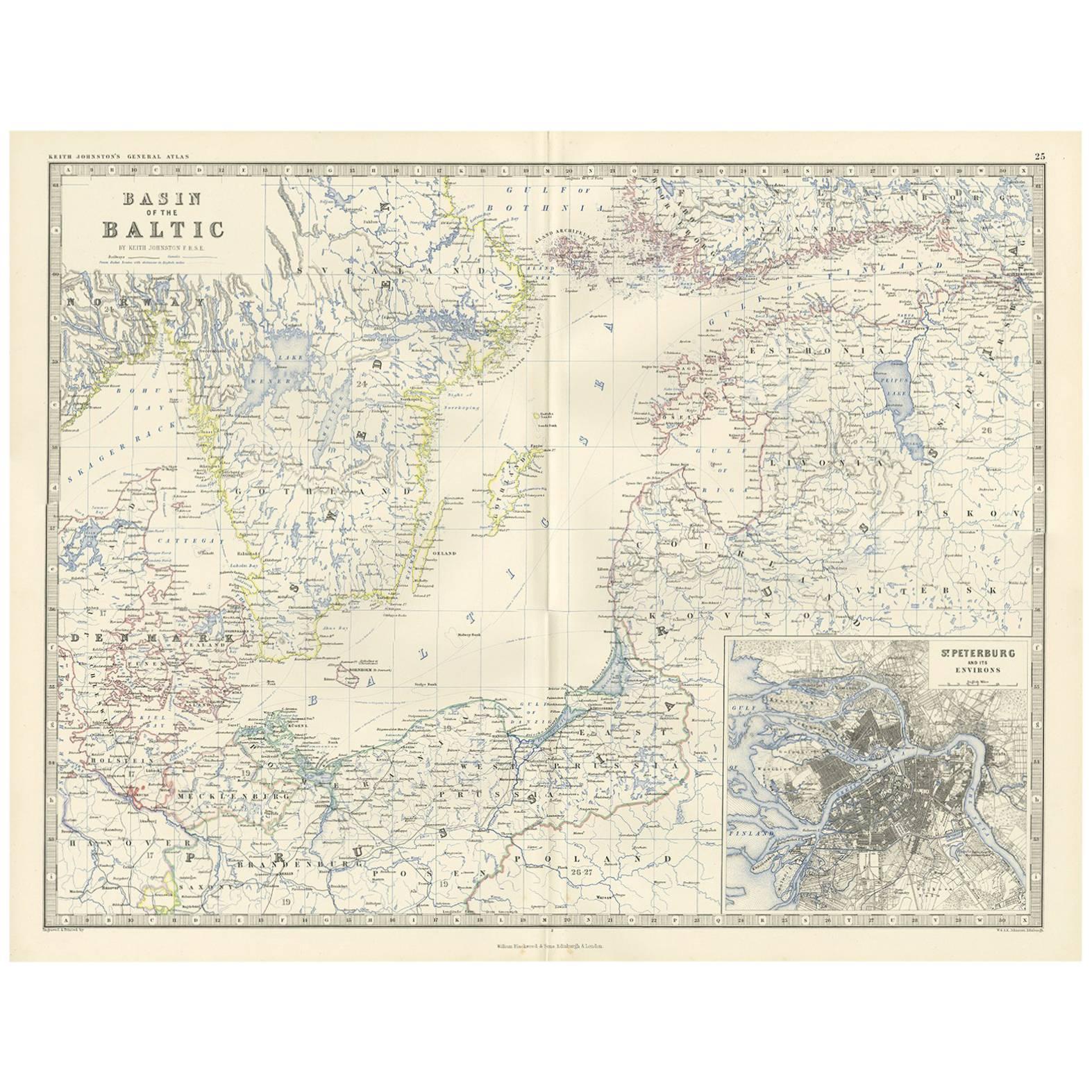 Antique Map of the Surroundings of the Baltic Sea by A.K. Johnston, 1865
