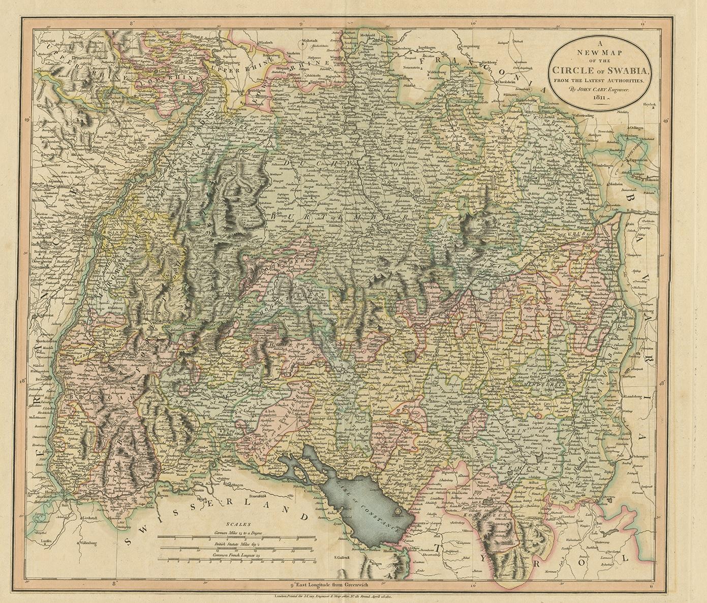 Antique map titled 'A New Map of the Circle of Swabia'. Antique map of Swabia in Southwestern Germany. Covers from the Upper Rhine region south as far as Switzerland, Lake Constance and Tyrol. Extends eastward as far as Bavaria and westward as far
