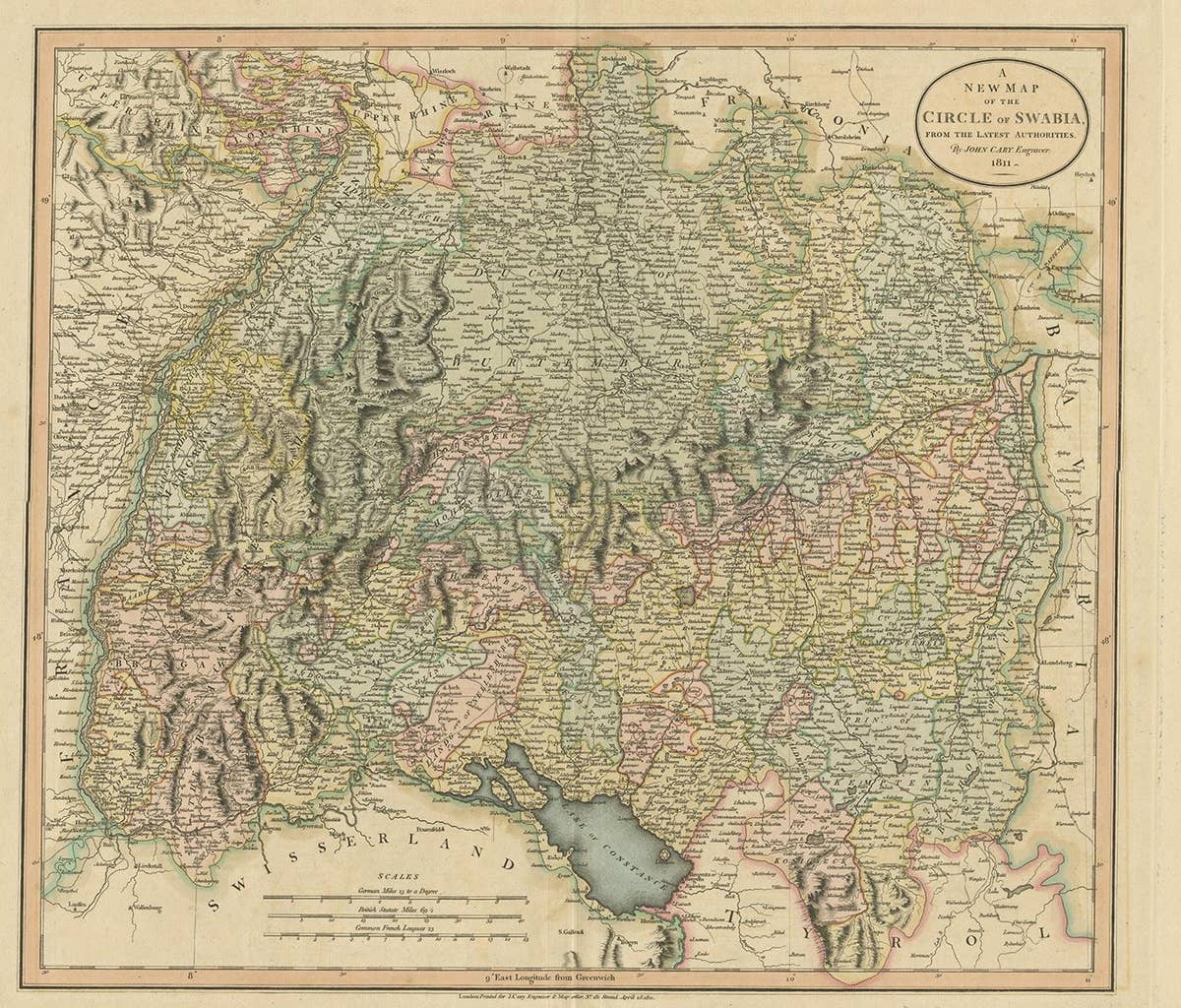 Antique Map of the Swabia Region of Germany by Cary, '1811'
