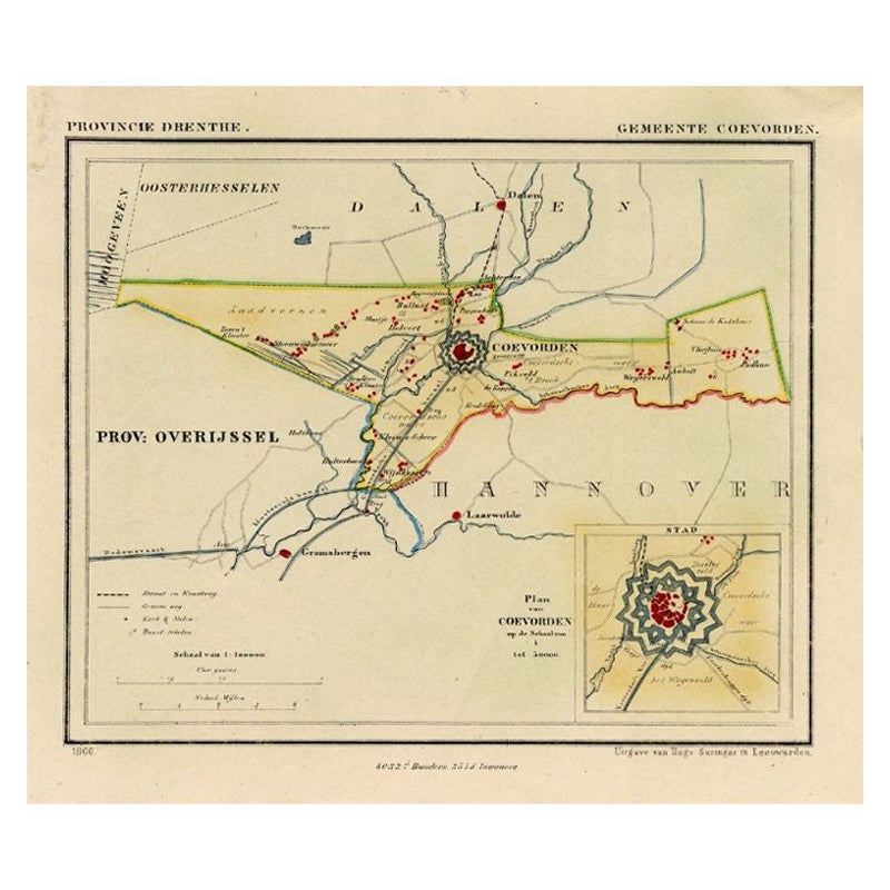 Antique Map of the Township of Coevorden in The Netherlands, 1865