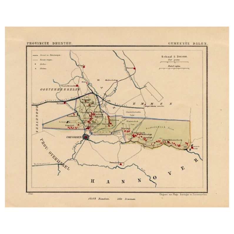 Carte ancienne de la ville de Dalen, Schoonebeek aux Pays-Bas, 1865