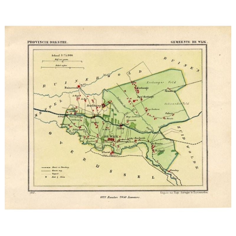 Carte ancienne de la ville de De Wijk, Drenthe, aux Pays-Bas, 1865