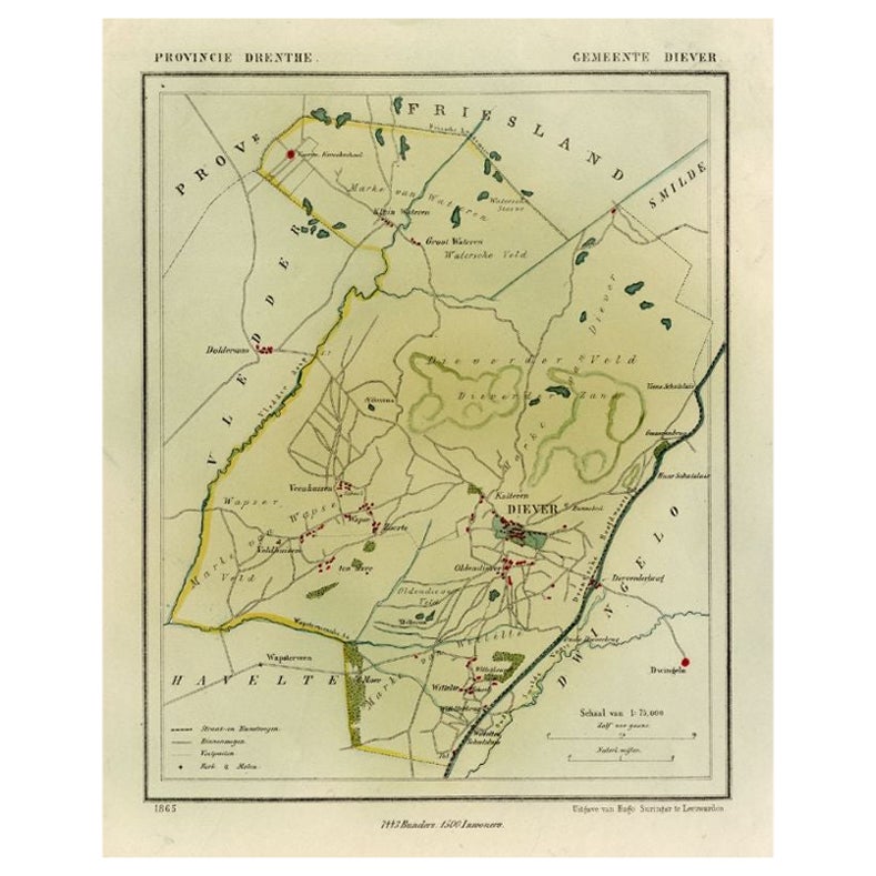 Carte ancienne de la ville de Diever, Drenthe, aux Pays-Bas,  1865 en vente