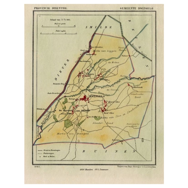 Carte ancienne de la ville de Dwingelo aux Pays-Bas, 1865