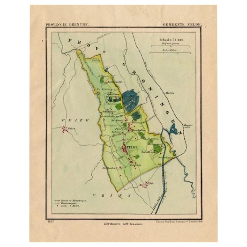 Antique Map of the Township of Eelde in Drenthe, The Netherlands, 1865