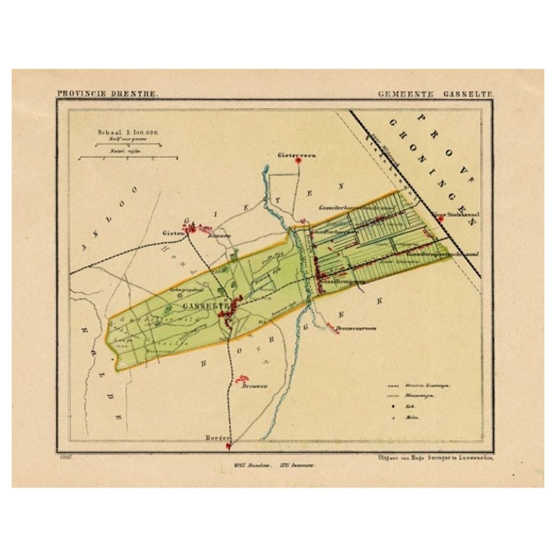 Carte ancienne du comté de Gasselte aux Pays-Bas, 1865