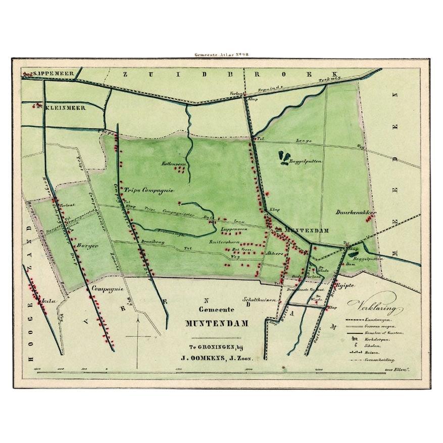 Antike Karte der Stadt Muntendam in Groningen, Niederlande, 1862