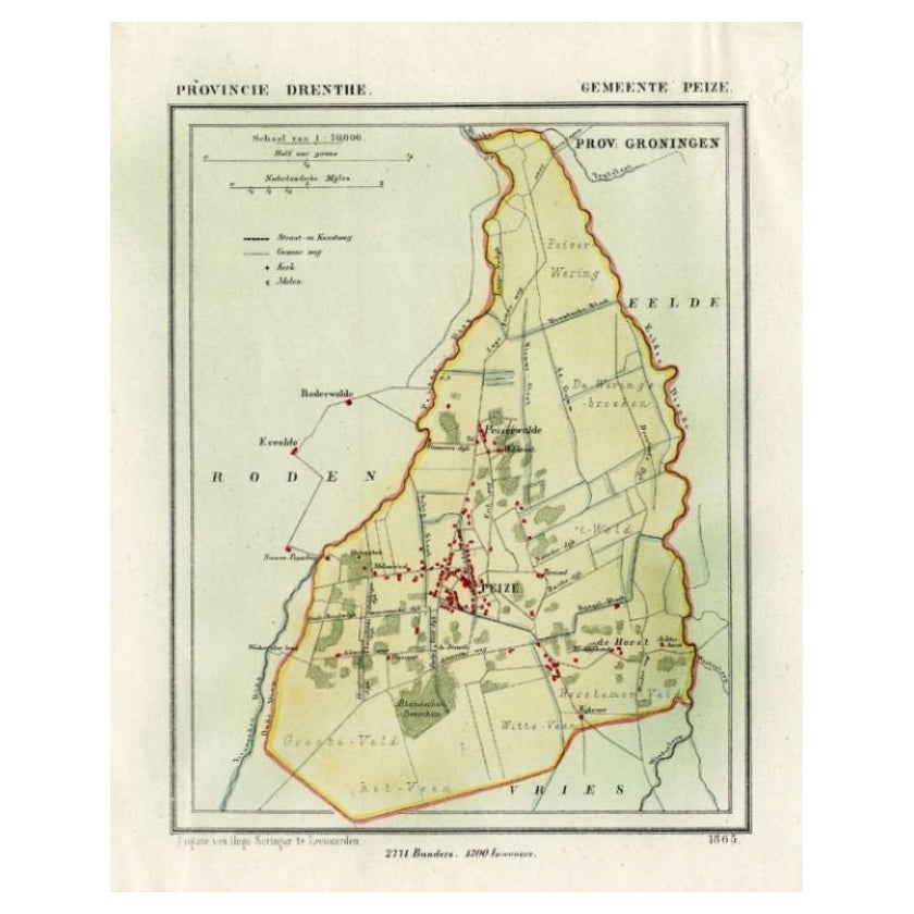 Carte ancienne de la ville de Peize, Drenthe, aux Pays-Bas, 1865