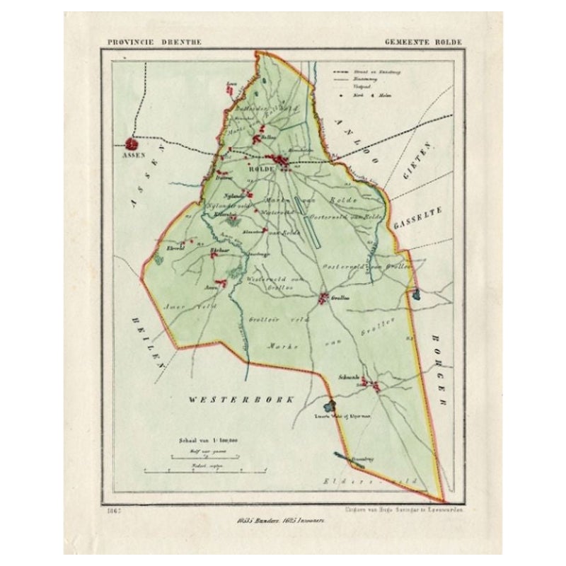 Carte ancienne de la ville de Rolde, Drenthe, Pays-Bas, 1865