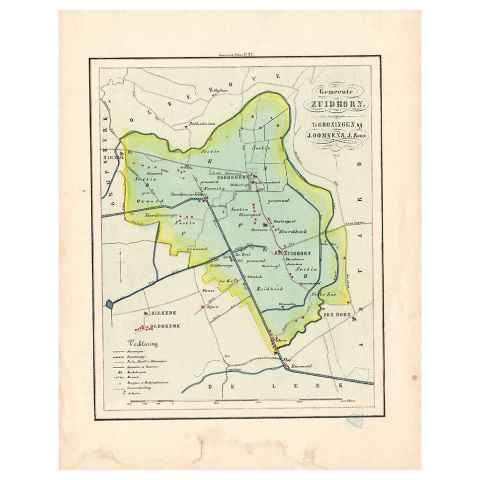 Carte ancienne du comté de Zuidhorn aux Pays-Bas, 1862