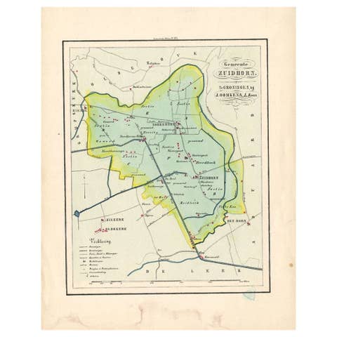 Antique Map of the Township of Zuidhorn in The Netherlands, 1862