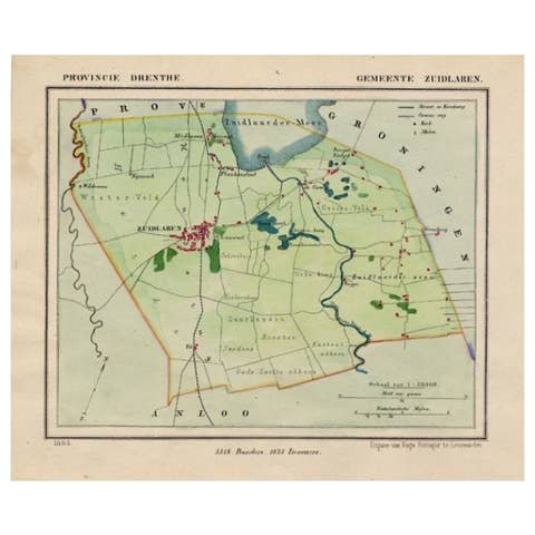 Antique Map of the Township of Zuidlaren, Drenthe in the Netherlands, 1865