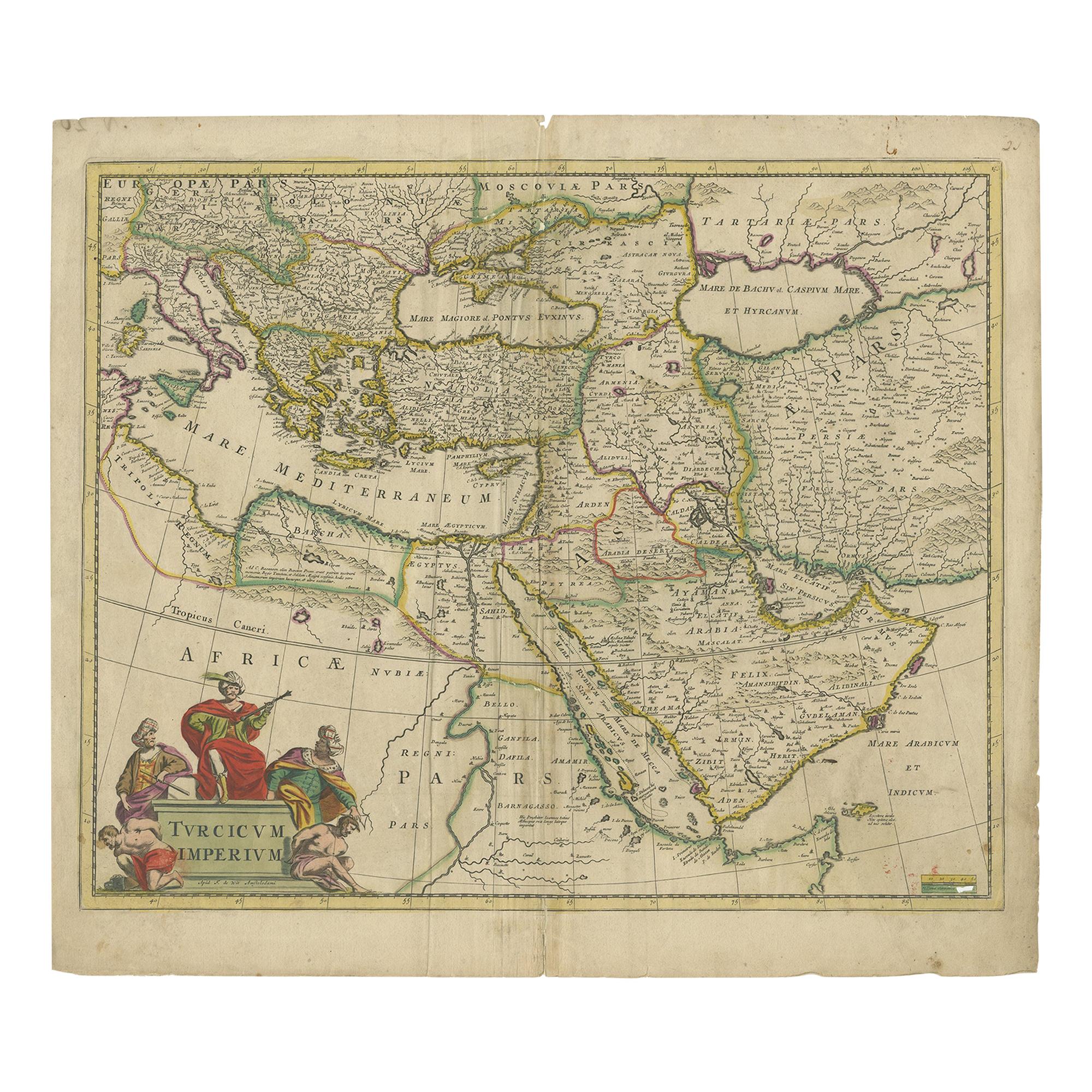Antique map titled 'Turcicum Imperium'. 

Original antique map of the Turkish Empire bounded by the Eastern Mediterranean, Greece, and Italy in the West and Saudi Arabia, the Persian Gulf and Caspian Sea in the east and centered on Turkey and