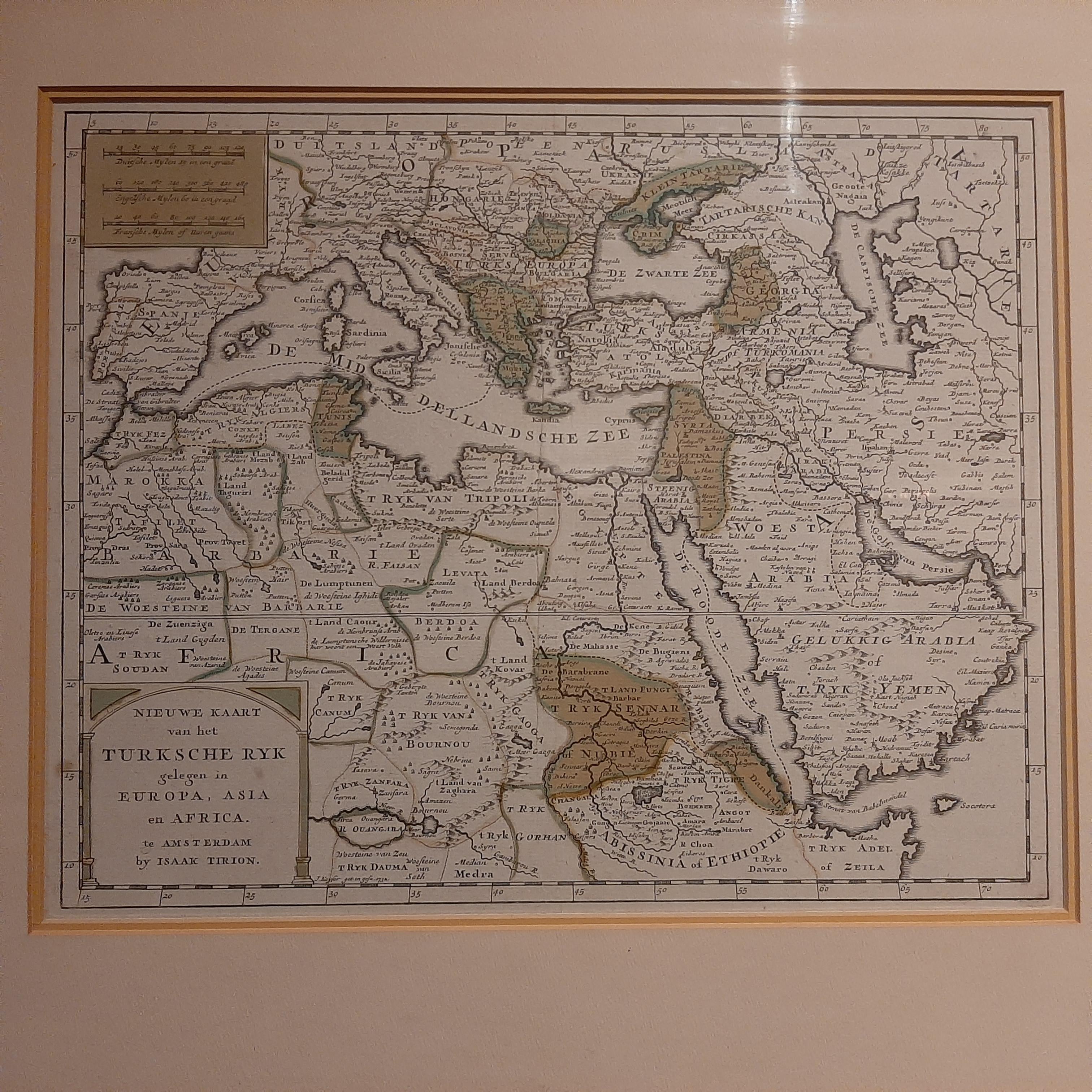 Antique map titled 'Nieuwe Kaart van het Turksche Ryk gelegen in Europa, Asia en Africa'. Decorative map of the Turkish Empire, situated in Europe, Asia and Africa. This map originates from 'Nieuwe en Beknopte Hand-Atlas, bestaande in eene