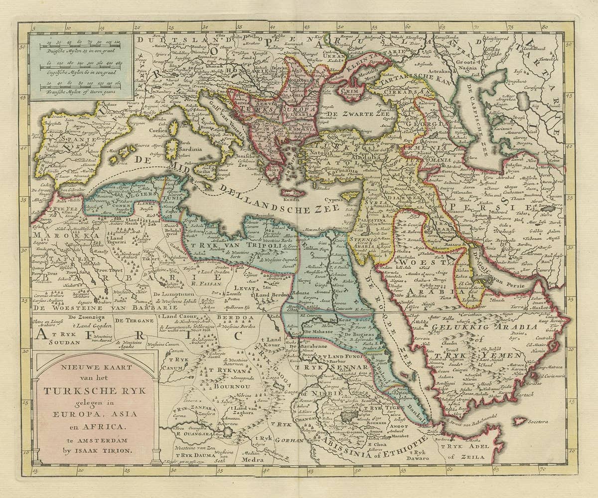 Original Antique Map of the Turkish Empire by I. Tirion, 1760, Wall Art Decor