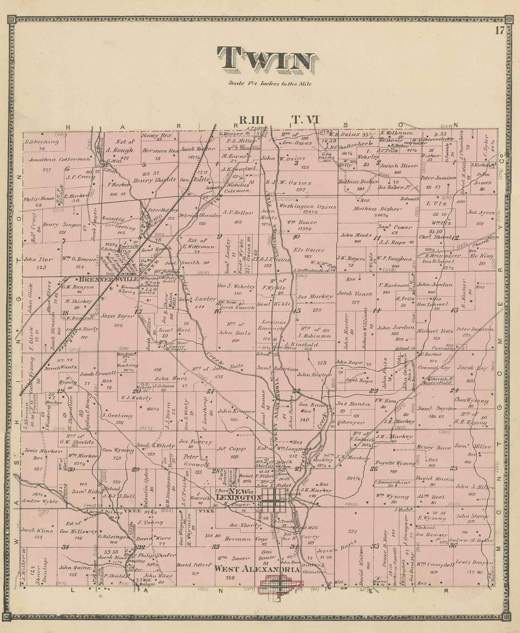 Antique map titled 'Twin'. Original antique map of Twin, Ohio. This map originates from 'Atlas of Preble County Ohio' by C.O. Titus. Published 1871.
