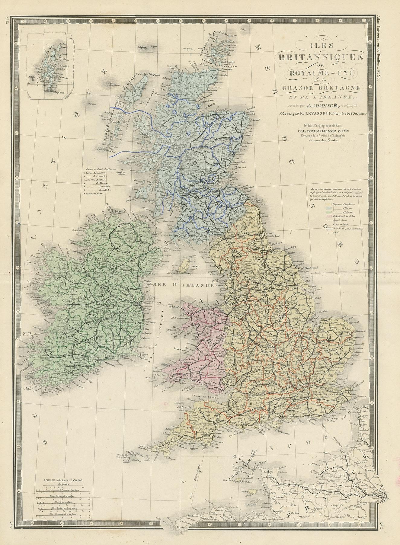 Antique map titled 'Iles Britanniques ou Royaume-Uni de la Grande Bretagne (..)'. Large map of the United Kingdom and Ireland. This map originates from 'Atlas de Géographie Moderne Physique et Politique' by A. Levasseur. Published, 1875.