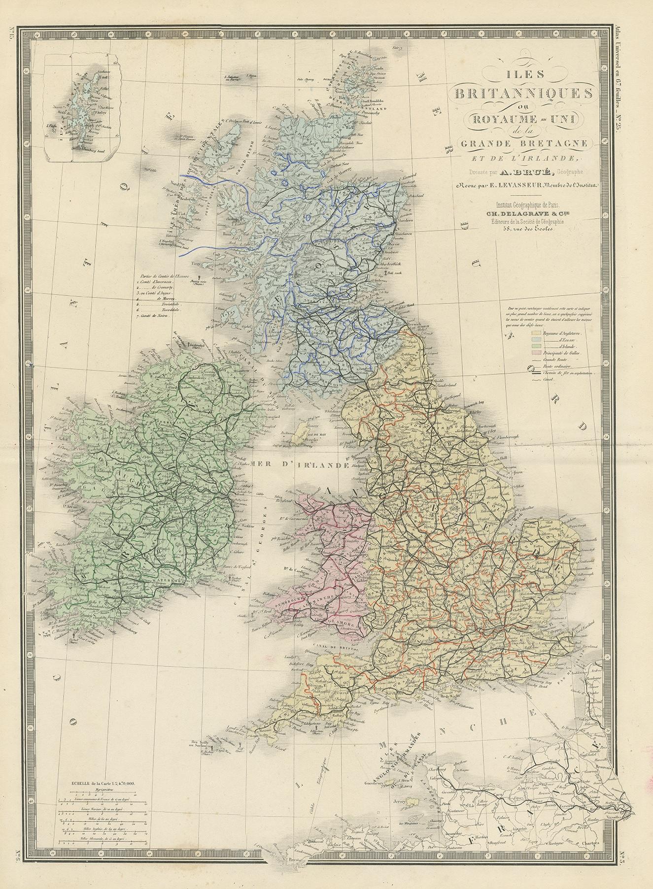 Antike Karte mit dem Titel 'Iles Britanniques ou Royaume-Uni de la Grande Bretagne (..)'. Große Karte des Vereinigten Königreichs und Irlands. Diese Karte stammt aus dem 