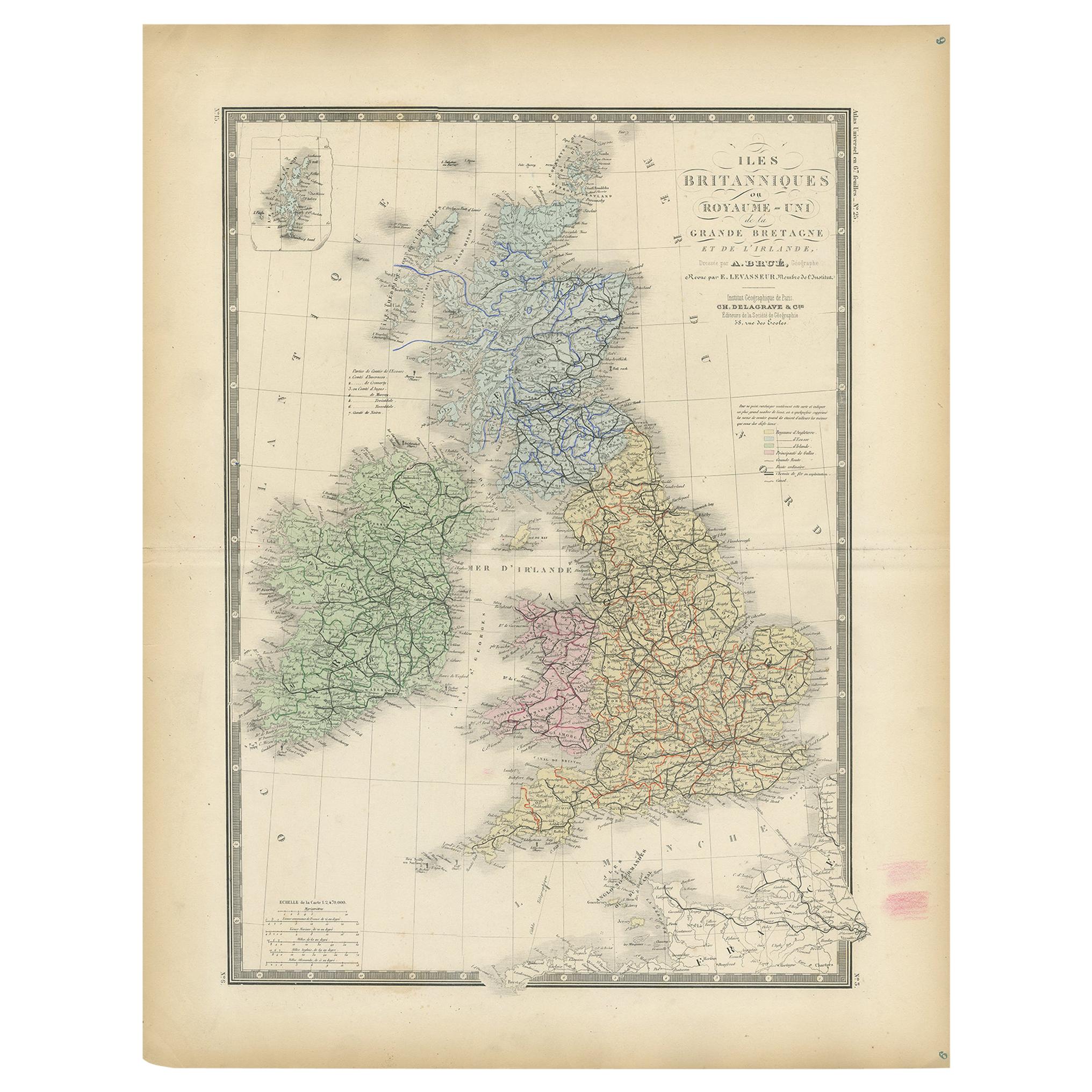 Original Antique Map of the United Kingdom and Ireland, Published in 1875 For Sale