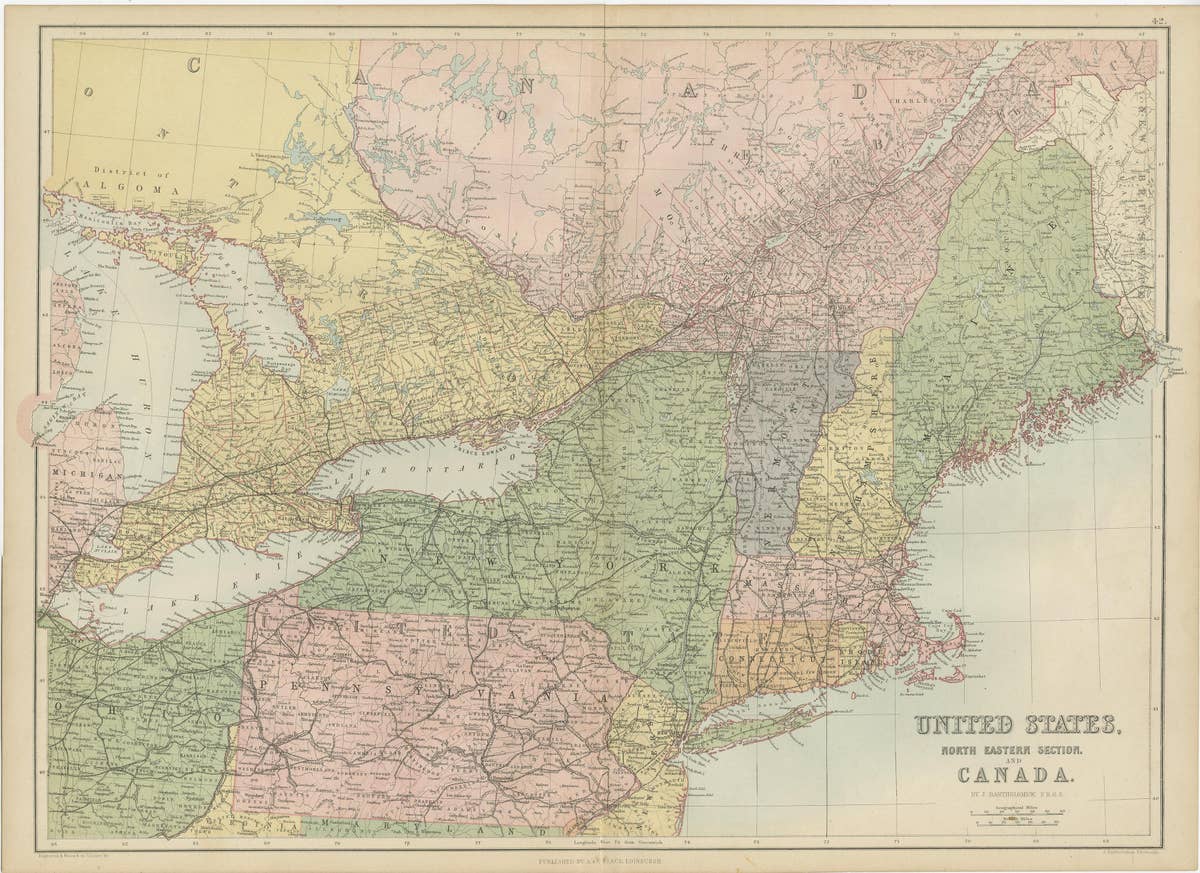 Antique Map of The United States and Canada by A & C. Black, 1870