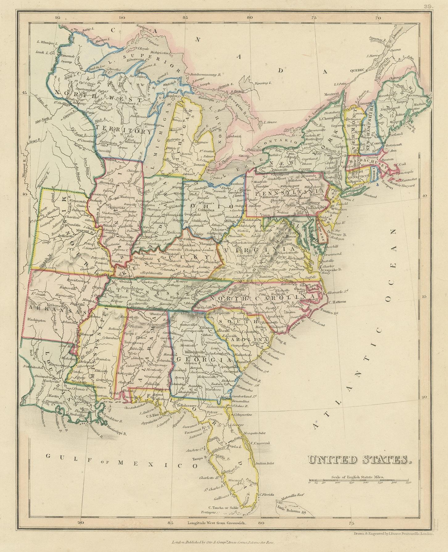 Antique map titled 'United States'. Old map of the United States, includes the last part of the North West Territory (present day Wisconsin and part of Minnesota). It also marks Ft. Crawford at the confluence of the Mississippi River and the