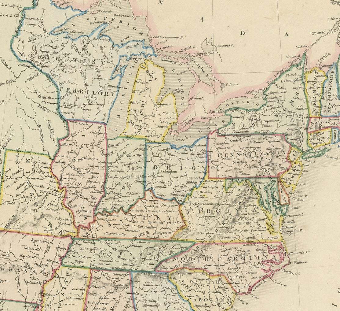 Carte originale des États-Unis colorée à la main, datant d'environ 1845 Bon état - En vente à Langweer, NL