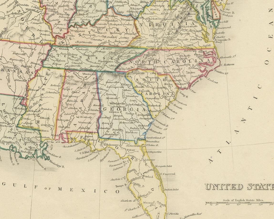 XIXe siècle Carte originale des États-Unis colorée à la main, datant d'environ 1845 en vente