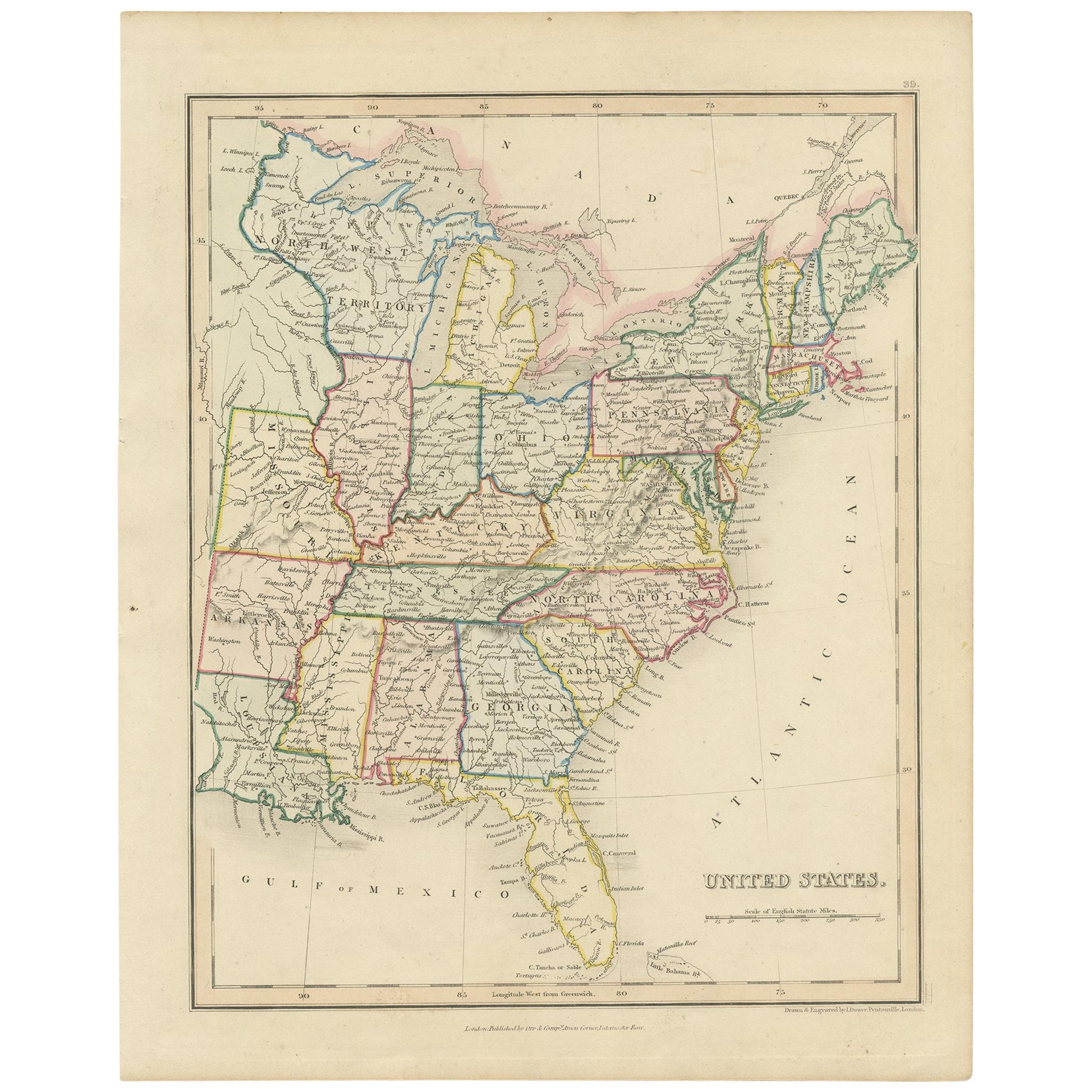 Antique Map of the United States by Dower, circa 1845