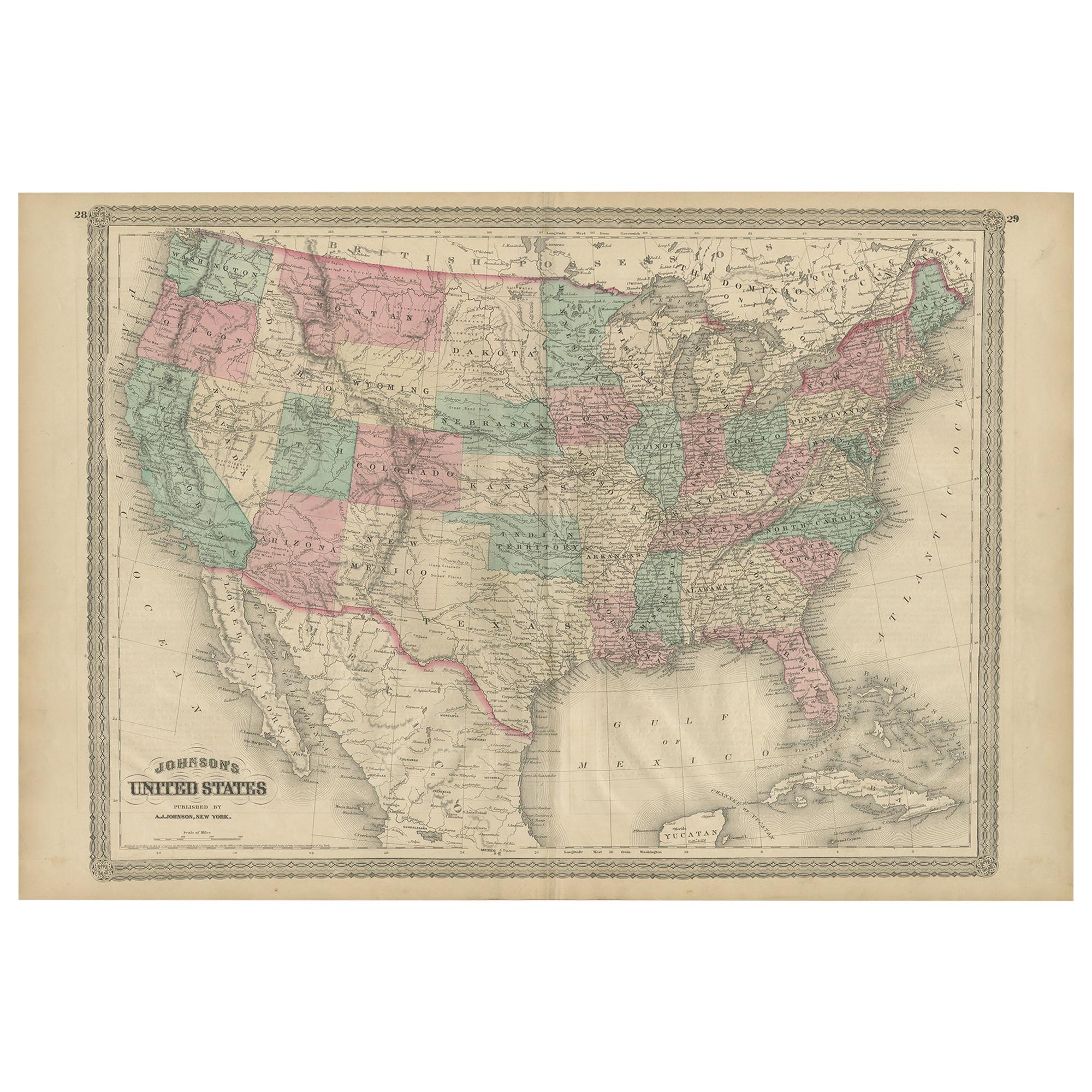 Antique Map of the United States by Johnson, 1872