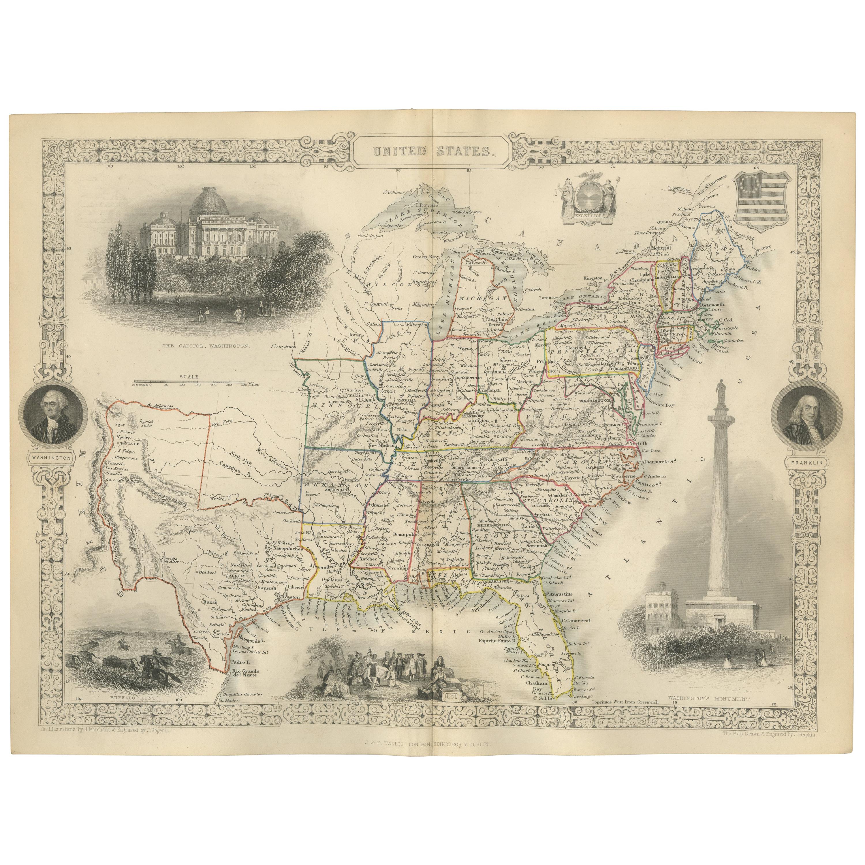 Antique Map of the United States by Tallis 'c.1850'