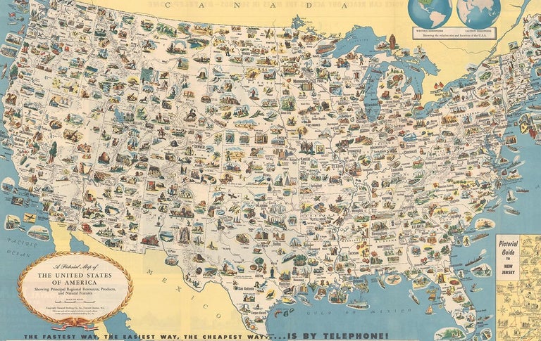 Old Decorative Pictorial Map of the United States, circa 1953 For Sale ...