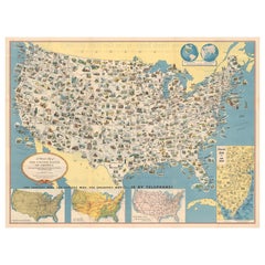 Vintage Old Decorative Pictorial Map of the United States, circa 1953