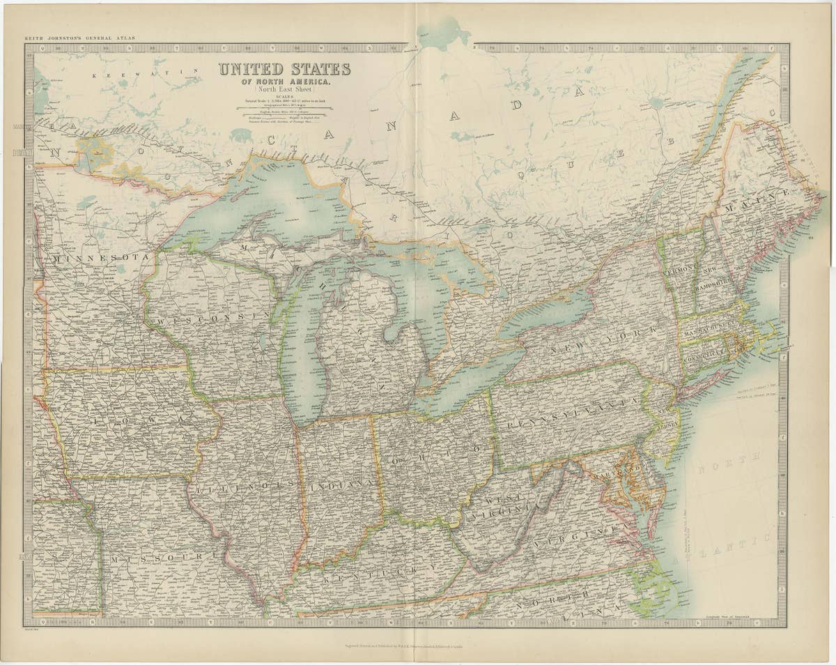 Antique Map of the United States ' North East ' by Johnston '1909'