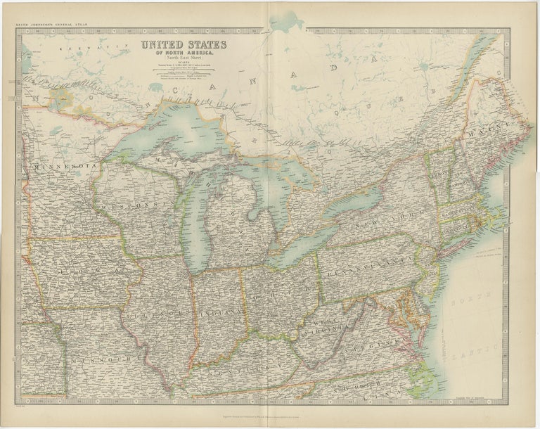 Antique Map of the United States ' North East ' by Johnston '1909' For ...