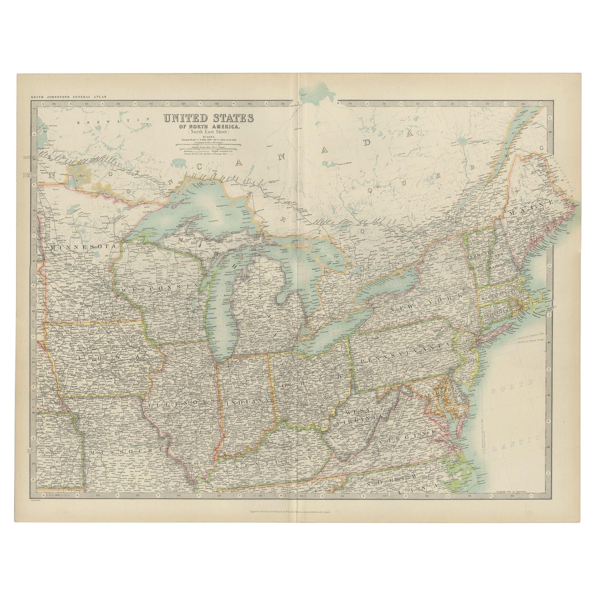 Carte ancienne des États-Unis " Nord-Est " par Johnston "1909 "