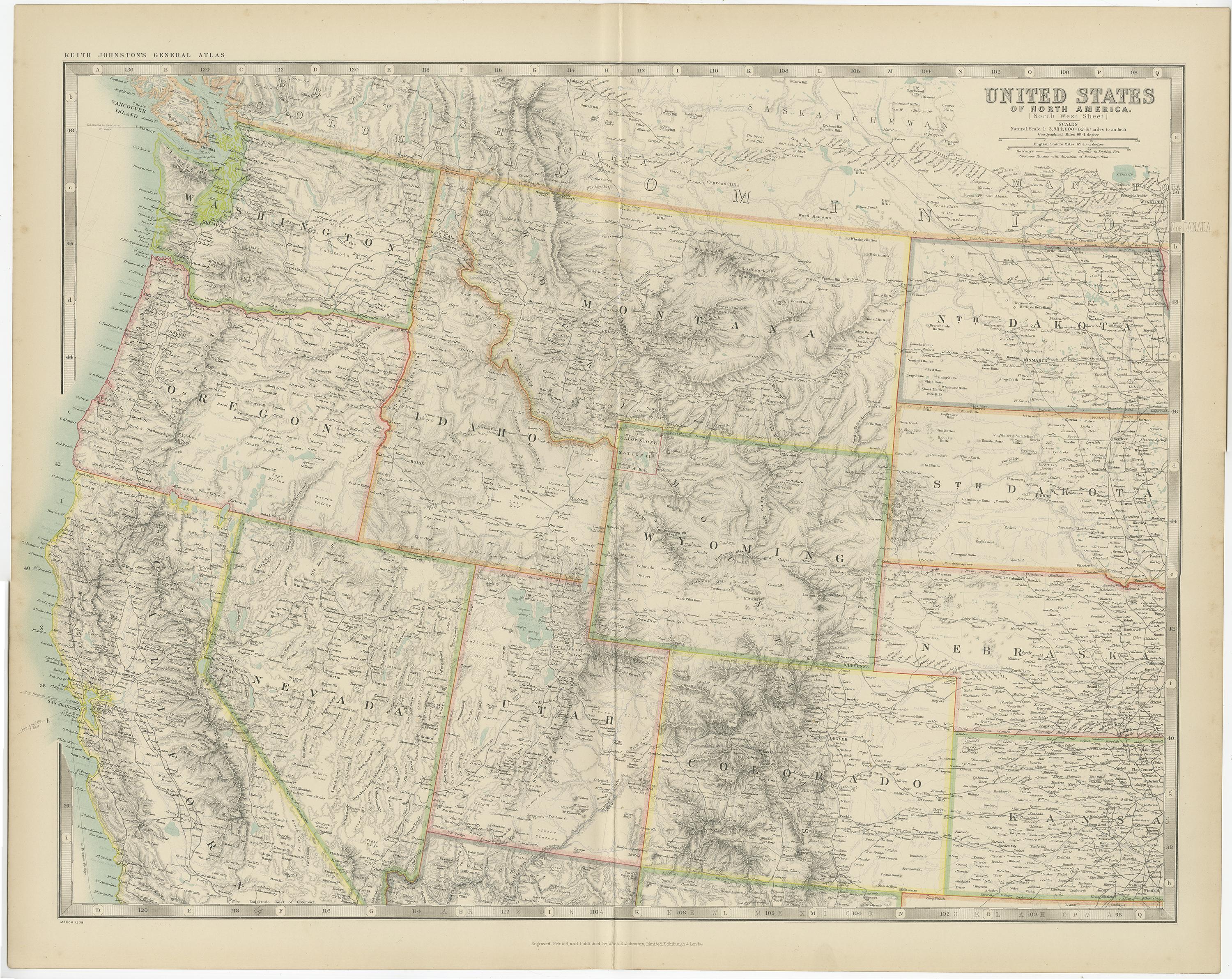 Antique map titled 'United States of North America'. Original antique map of the United States of North America ( North West ). This map originates from the ‘Royal Atlas of Modern Geography’. Published by W. & A.K. Johnston, 1909.