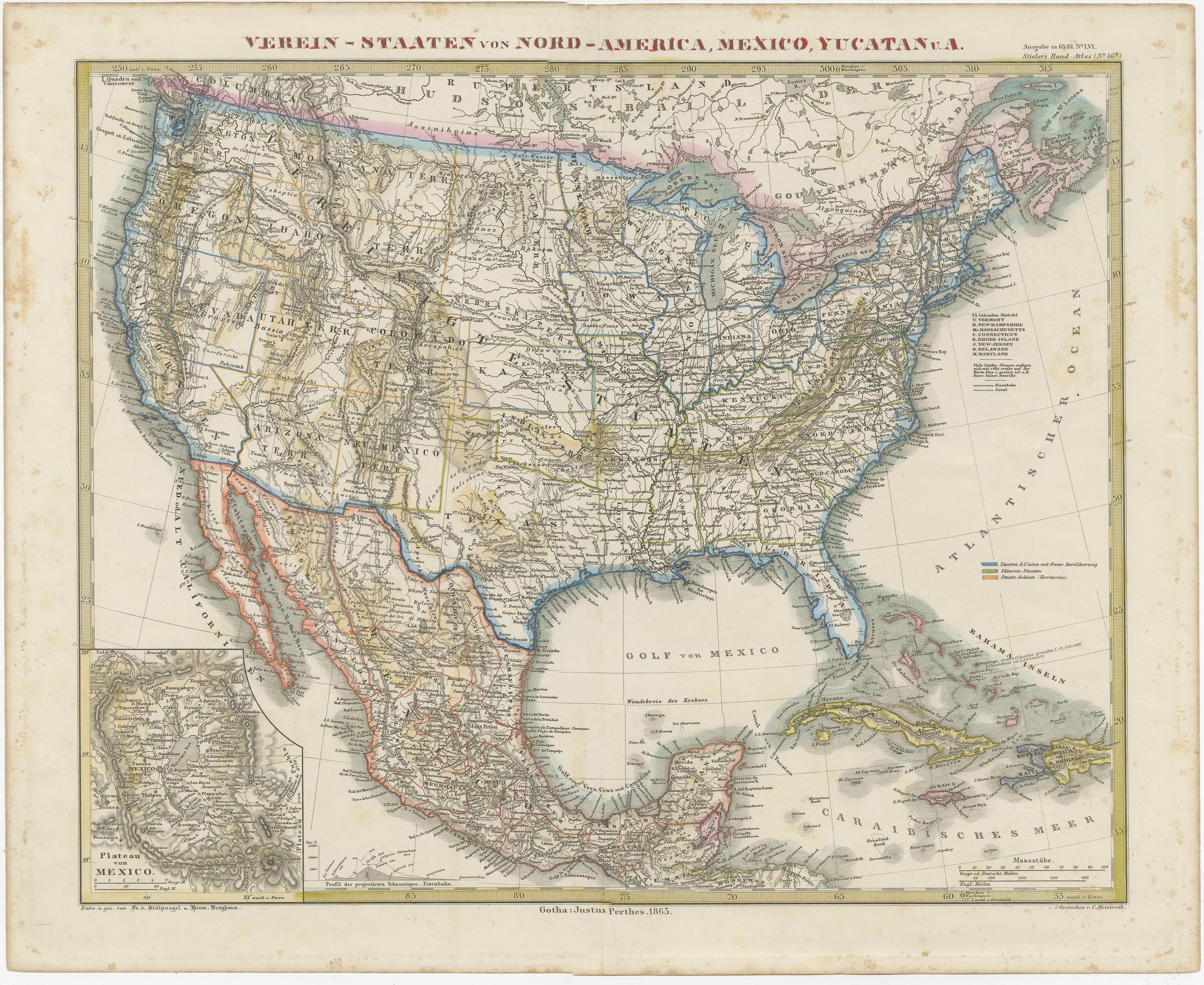 Antike Karte mit dem Titel 'Vereins-Staaten von Nord-Amerika, Mexiko, Yucatan u.a.'. Sehr detaillierte Karte der Vereinigten Staaten von Amerika mit der Karibik. Mit einer beigefügten Karte der Umgebung von Mexiko-Stadt.

Diese Karte stammt aus