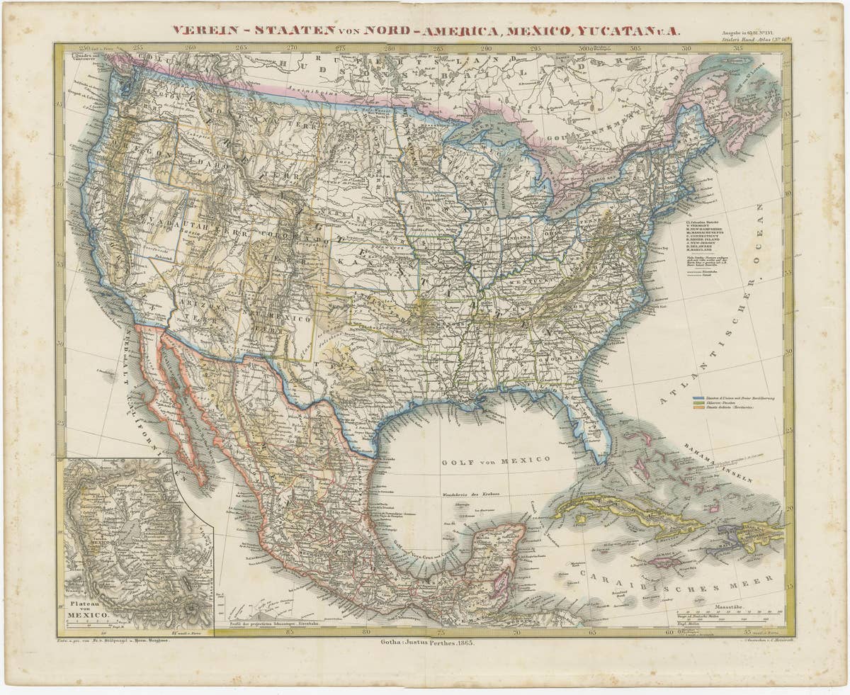 Antique Map of the United States of America, also showing the Caribbean