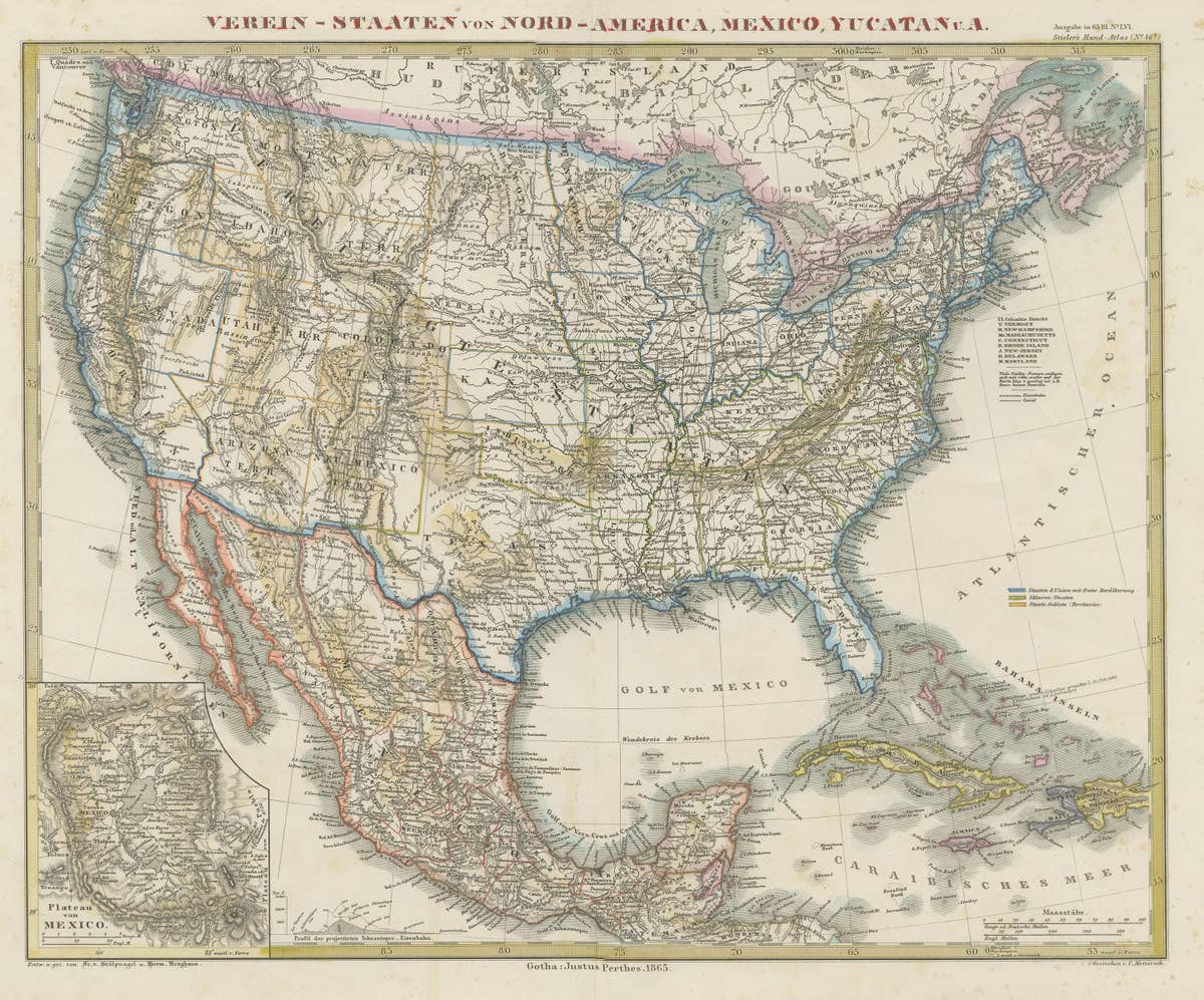 Antique Map of the United States of America, also showing the Caribbean